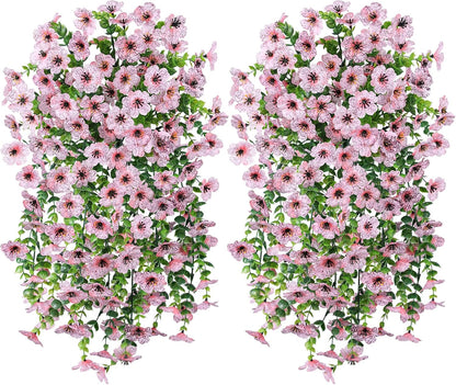 Artificial Faux Outdoor Outside Flowers Plants, 2 PCS Fake Silk UV Resistant Look Real Pink Daisy Trailing Vines for Front Door Porch Planter Urn Patio Balcony Decoration