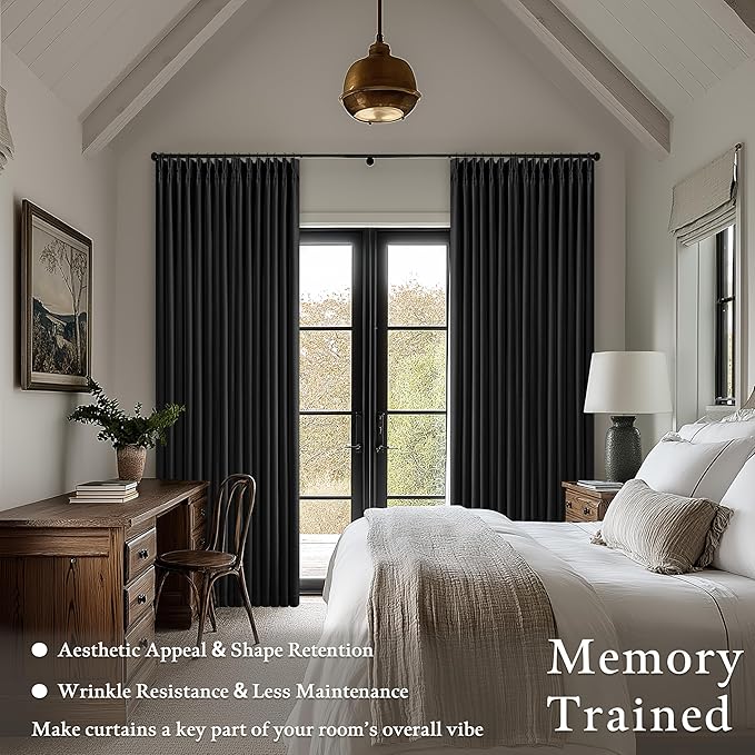 100 Inch Floor Length Linen Blackout Curtains for Bedroom Pinch Pleated Full Black Out Thermal Insulated Window Drapes Light Blocking Double Layer Soundproof 100 Inch Black Curtain 2 Panels Set