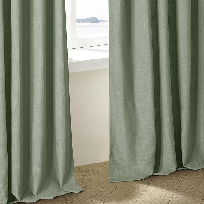 Pinch Pleated Green Linen Curtains 96 Inches Long for Living Room Bedroom Light Filtering Boho Window Drape 96 inch 2 Panels with Hooks Rings 8ft Sage Green Sliding Glass Door Semi Sheer Curtain