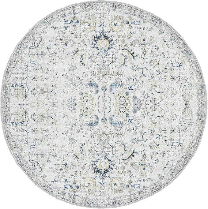 jinchan Kalen Round Rug 8ft Area Rug Washable Vintage Indoor Retro Accent Floor Cover Distressed Floral 8' Round Circle Boho Non Slip Thin Carpet for Living Room Dining Room Bedroom Kitchen Blue