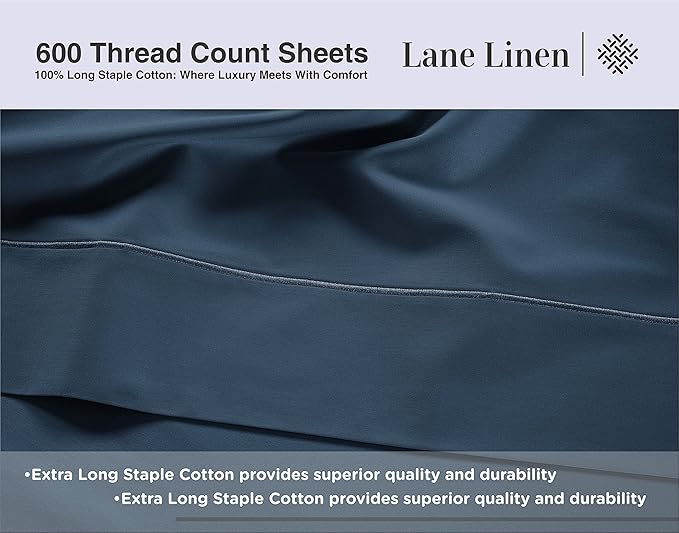 LANE LINEN Queen Bed Sheets - Pemium 600 Thread Count Long Staple 100% Cotton Sheets Queen Size Bed Set, Hotel Luxury Sateen Finish, 15" Deep Pocket Fitted Sheet, Cool & Durable - Denim
