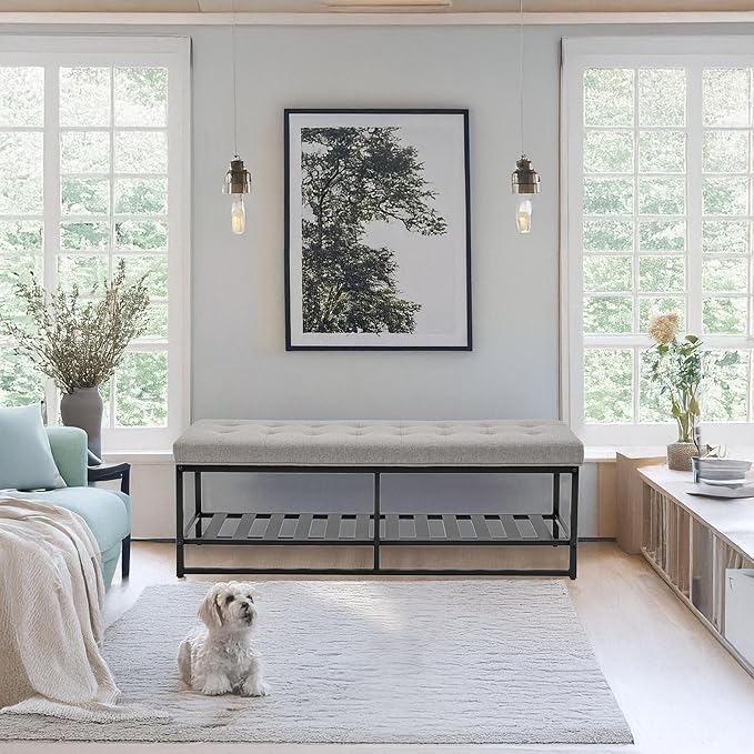 Rectangular Upholstered Tufted Linen Ottoman Storage Bench, Large Footrest Ottoman with Iron Base, White End of Bed Bench for Entryway, Living Room, Bedroom