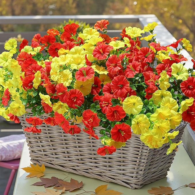 Artificial Flowers Fake Plants for Outdoors Decoration, 12 Bundles Silk Morning Glory with Eucalyptus Realistic UV Resistant Faux Flowers for Outside Planter Porch Yard Patio Garden Home Indoor, Mix