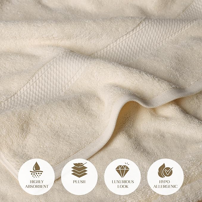 Superior Egyptian Cotton Pile Bath Towel Set of 2, Ultra Soft Luxury Towels, Thick Plush Essentials, Absorbent Heavyweight, Guest Bath, Hotel, Spa, Home Bathroom, Shower Basics, Cream