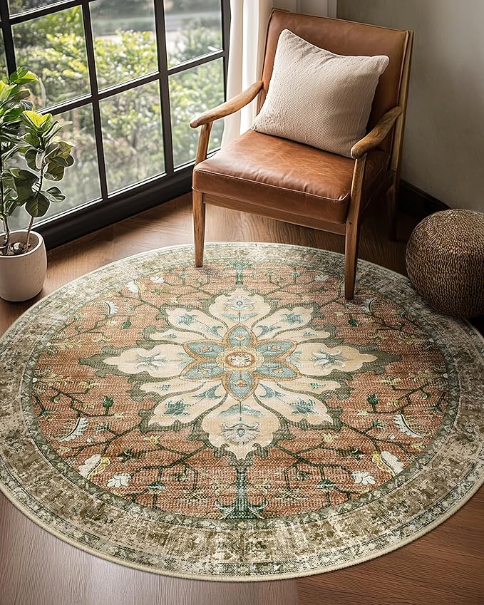 Area Rugs 4ft Washable Non-Slip, Floral Vintage Distress Print Pattern Medallion Carpet for Living Room Bedroom Dining Room, Brick Red Rust Neutral Brown Burnt Orange