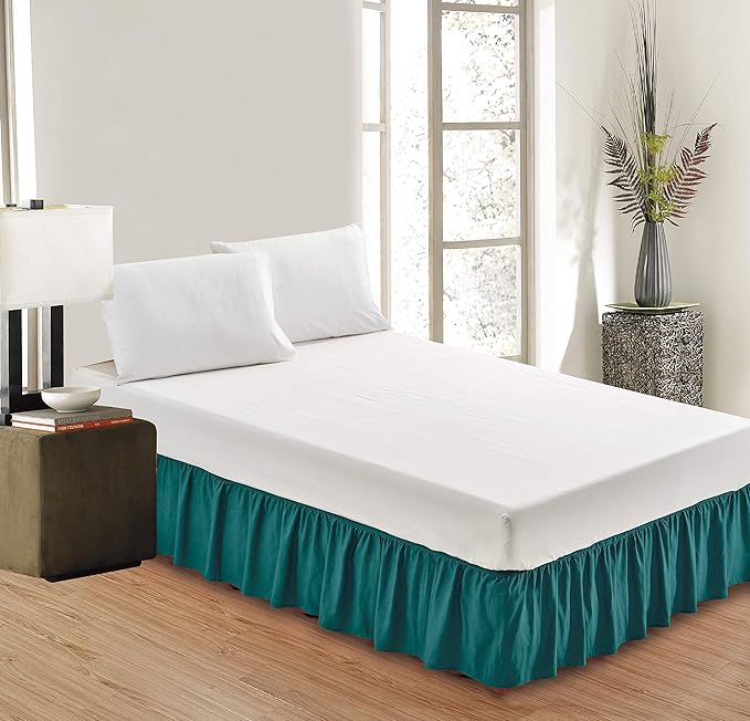 Sheets & Beyond Wrap Around Solid Microfiber Luxury Hotel Quality Fabric Bedroom Gathered Ruffled Bedding Bed Skirt 14 Inch Drop (King, Teal)