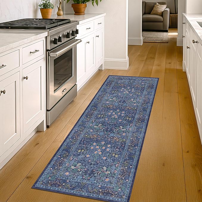 Non Slip 2x6 Dark Blue Kitchen Runner Rug - Long Runner Rugs 24 x 72 Washable Hallway Floor Mat, Bedroom Laundry Room Bathroom Runner - Dusky Navy Vintage Floral Design Décor