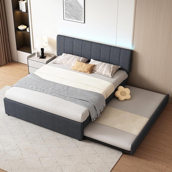 Queen Size Upholstered Platform Bed with Trundle and 1 Sets of USB, Linen Fabric Full and Twin Double Bed w/LED Lights with APP for Bedroom,Dark Gray