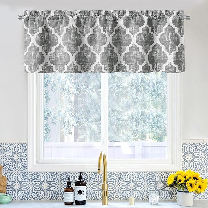 Beauoop Lattice Blackout Window Valance Curtain Panels Thermal Insulated Noise Reduction Drapes for Kitchen Cafe Living Room Quatrefoil Window Treatment Sets Rod Pocket, 50W x 18L, Gray, 1 Panel