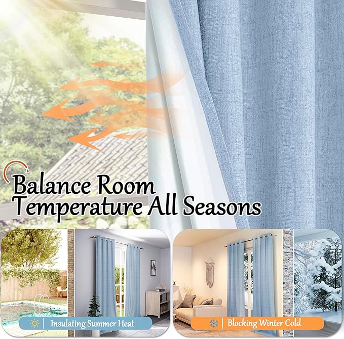 Baby Blue Linen Blackout Curtains for Nursery 63 Inch Length 2 Panels Set, Thermal Insulated Boho Total Black Out Noise Reducing Bonzer Grommets Window Curtains for Kids Bedroom, Each 60 Inch Wide
