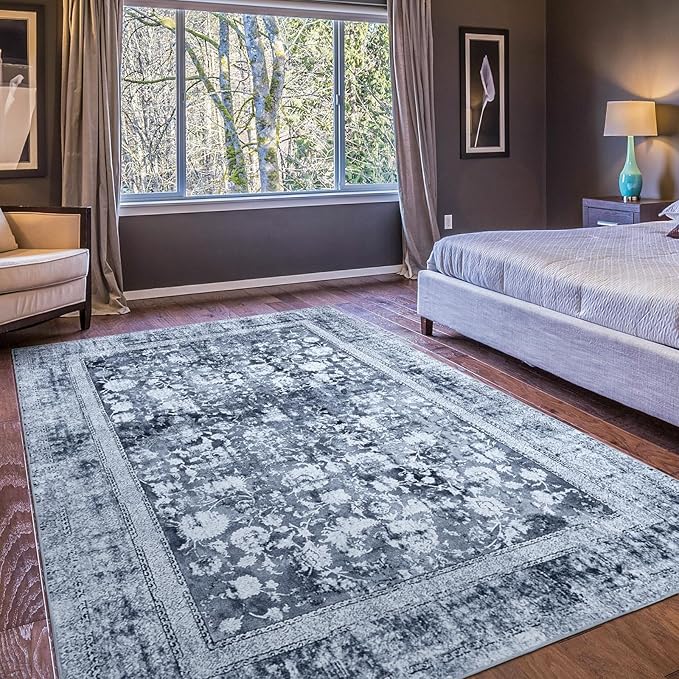 Area Rug 3×5, Vintage Boho Rug,Ultra-Soft Low Pile, Washable, Non Slip,Stain Resistant Printed Carpet for Living Room Bedrooms Playroom Office Kitchen, Solid/Blue