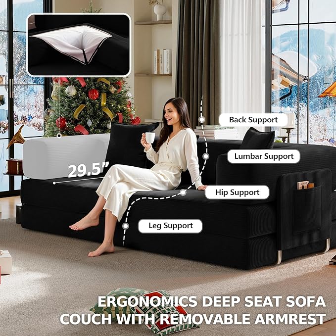 78.8" Convertible Sofa Bed,Corduroy Futon Couch with Storage Pocket,Folding Pull Out Futon Sofa, No Assembly Boneless Couch for Living Room,Black