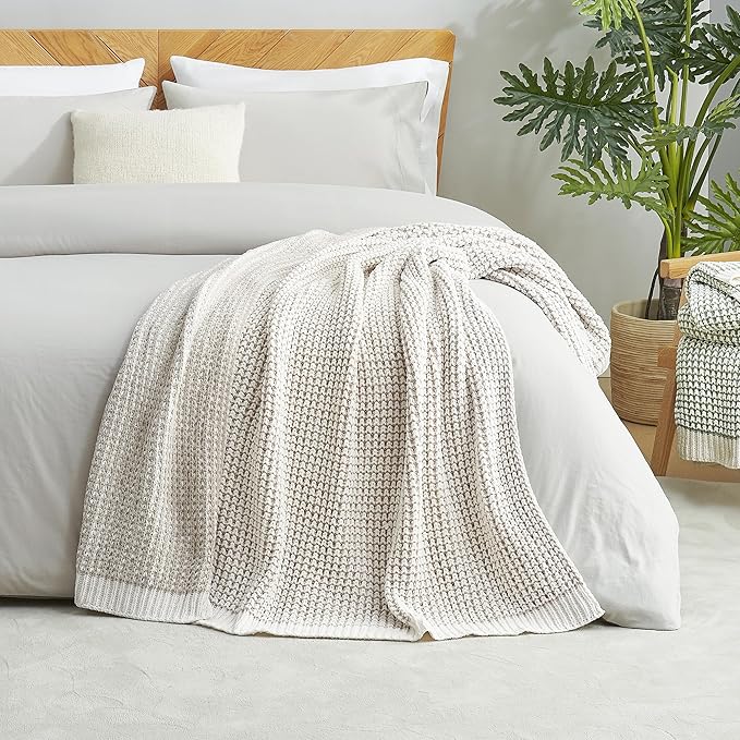 Amélie Home Waffle Chenille Throw Blanket for Couch, Pineapple Stitch Knit Soft Cozy Knit Blanket Decorative Throw for Sofa, Chair, 50"x60", Beige&Ivory