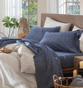 MooMee Bedding Sheet Set 100% Washed Cotton Linen Like Textured Breathable Durable Soft Comfy (Heathered Blue, California King)