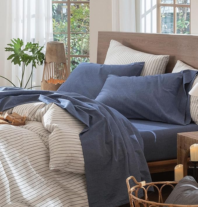 MooMee Bedding Sheet Set 100% Washed Cotton Linen Like Textured Breathable Durable Soft Comfy (Heathered Blue, California King)