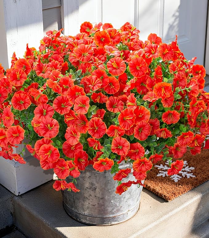 Artificial Flowers Fake Plants for Outdoors Decoration, 12 Bundles Orange Silk Morning Glory with Eucalyptus Realistic UV Resistant Faux Flowers Greenery for Outside Planter Yard Garden Home Indoor