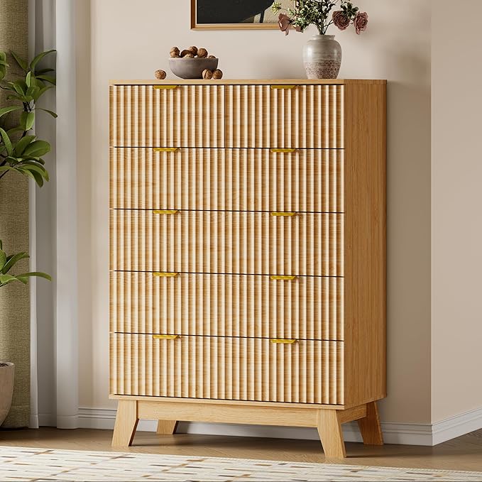 46" Tall Dresser for Bedroom, 6-Drawer Fluted Chest of Drawers, Modern Wood Highboy with Deep Storage, Metal Slides and Handles, Anti-Tip Kit, Vertical Clothes Organizer for Apartment, Nursery