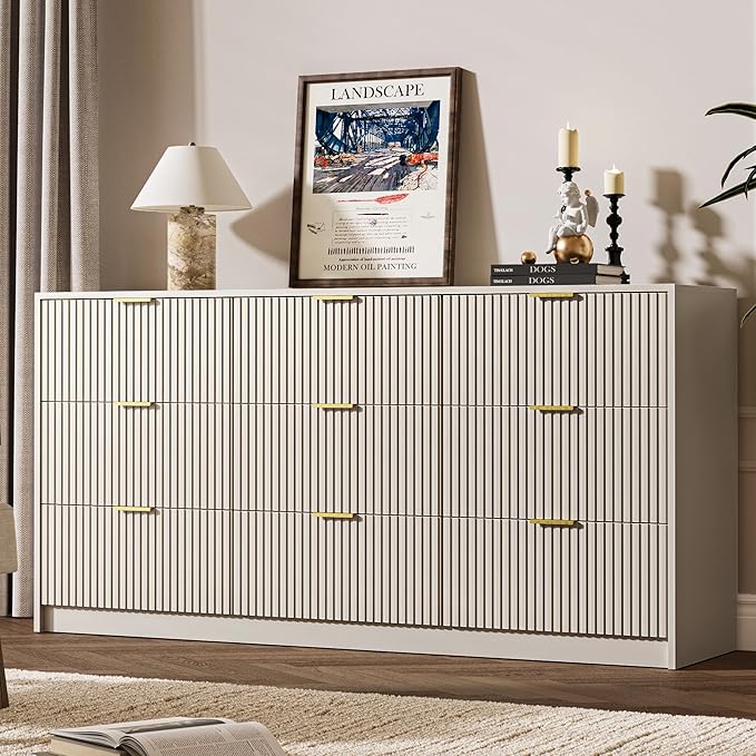 Beige 9 Drawer Dresser for Bedroom, 63" Wide Modern Fluted Dresser with Gold Metal Handles, Chest of Drawers for Bedroom, Living Room, Entryway, Hallway