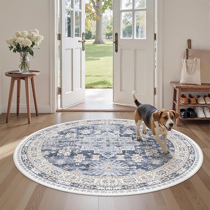 zesthome Washable Round Area Rugs - Non-Slip 6ft Round Rugs, Ultra-Thin Large Circle Rugs for Living Room, Soft Low Pile Rug for Bedroom, Kitchen, Nursery - Vintage Stain Resistant Round Rug