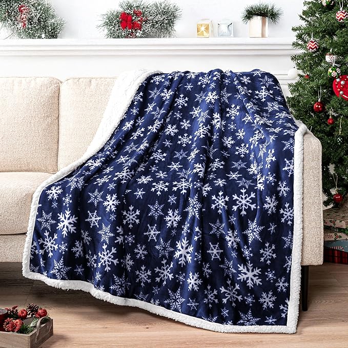 PAVILIA Premium Christmas Sherpa Throw Blanket | Blue Snowflake Decoration, Fleece, Plush, Warm, Cozy Reversible Microfiber Holiday Blanket 60 x 80 Inches