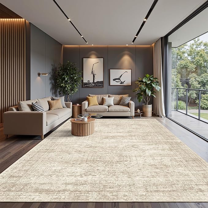 10x14 Area Rugs for Living Room, Non Slip Machine Washable Vintage Rugs, Low Pile Lightweight Large Rug for Bedroom, Dining Room, Home Office Beige