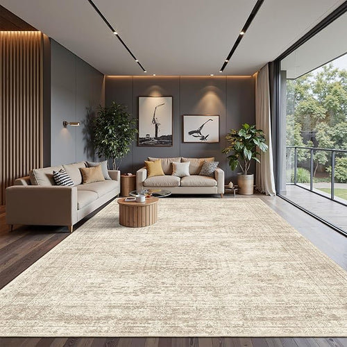 10x14 Area Rugs for Living Room, Non Slip Machine Washable Vintage Rugs, Low Pile Lightweight Large Rug for Bedroom, Dining Room, Home Office Beige