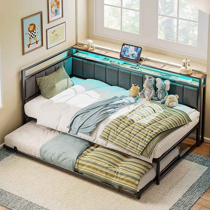 LIKIMIO Corner Twin Bed Frame with Trundle, Upholstered Storage Headboard & LED Lights, Twin Size Daybed with Charging Station, Sturdy Platform Metal Frame for Living Room, Bedroom, Guest Room, Gray