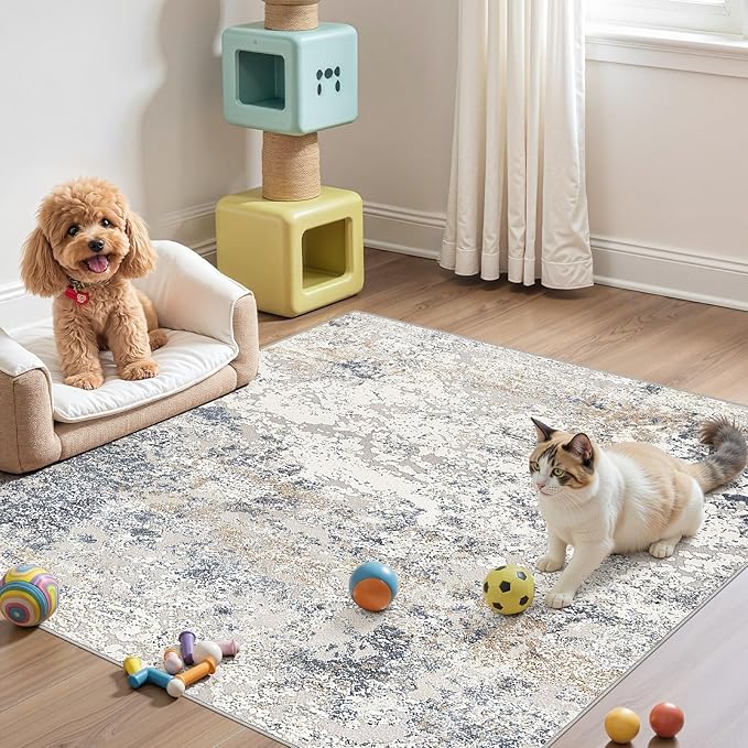 Square Area Rug Living Room Rugs - 5x5 Washable Large Soft Indoor Neutral Modern Abstract Low Pile Rug Carpet for Bedroom Dining Room Farmhouse Home Office - Beige Blue