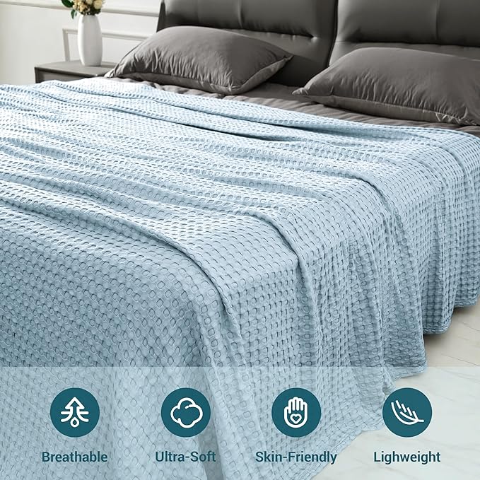 AganearWaffle Blanket - Lightweight Breathable Summer Blanket of 50% Cotton and 50% Rayon Derived from Bamboo for Hot Sleepers Luxury Throws for Bed, Couch and Sofa,Blue,90x90 Inches