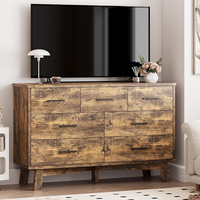 Dresser for Bedroom with 7 Drawer, Wood Modern Chest of Drawers with X-Shaped Sturdy Base, Wide Double Dresser Closet Clothes Storage Organizer, Wooden TV Stand for Living Room, Hallway, Brown