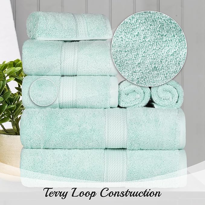 Superior Egyptian Cotton Pile 8 Piece Towel Set, Includes 2 Bath, 2 Hand, 4 Face Towels/Washcloths, Ultra Soft Luxury Towels, Thick Plush Essentials, Guest Bath, Spa, Hotel Bathroom, Sea Foam