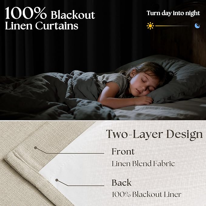 Beige Oatmeal Linen Pinch Pleated 100% Blackout Curtains 90 Inch Length 2 Panels Set Pinch Pleat Curtains Black Out Blocking Room Darkening Drapes with Liner for Bedroom Living Room Window 40x90