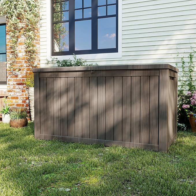 200 Gallon Outdoor Storage Box Waterproof, Resin Deck Boxes with Lockable Lid & UV-Resistant for Patio, Pool, Garden Furniture Cushions & Accessories, Coffee