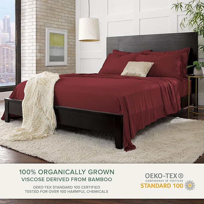 Pure Bamboo Queen Sheets, Genuine 100% Organic Viscose Derived from Bamboo Bed Sheet Set, Luxuriously Soft & Cooling, Double Stitching, 2 Year Quality Promise (Queen, Merlot)