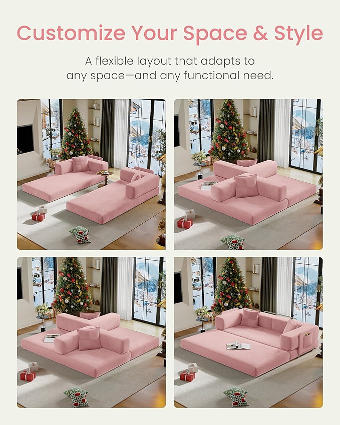 78.8" Convertible Futon Sofa Bed,Corduroy Futon Couch with Storage Pocket,Folding Pull Out Sofa,No Assembly Boneless Couch for Living Room | Pink