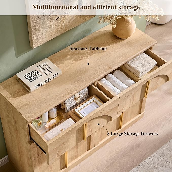 ACCOHOHO Large Dresser for Bedroom with 8 Drawers with Arched Panel,Modern Minimalist Chest of Drawers with Gold Handles,Wood Storage Closet Dressers Tv Stand for Living Room, Hallway,Natural Oak