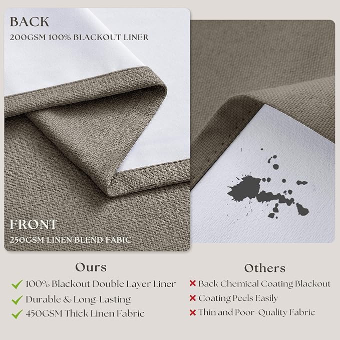 Taupe Grey Linen Blackout Pleated 105 Inch Curtains for Living Room Darkening Pinch Pleat 100% Black Out Drapes Thermal Insulated Soundproof Brownish Gray 105 Inch Curtain for Dining Bedroom
