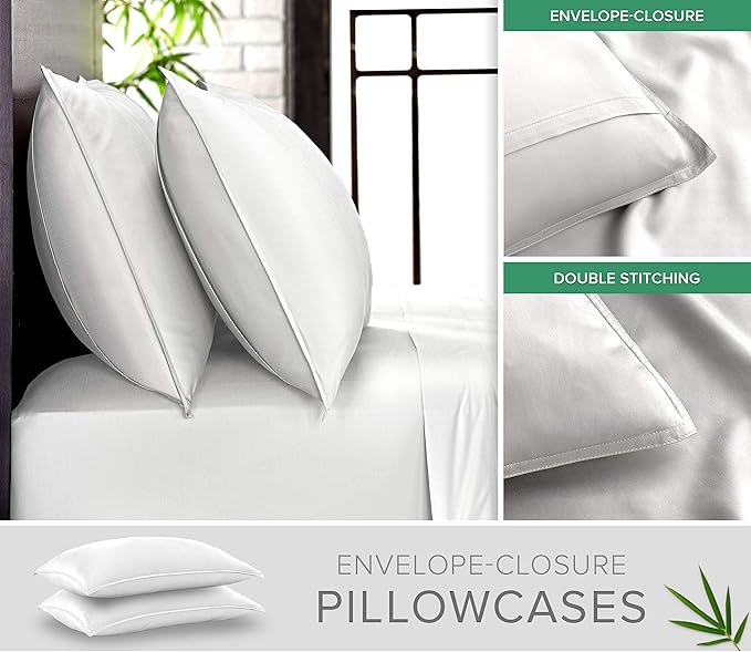 Pure Bamboo Split King Sheets, Genuine 100% Organic Viscose Derived from Bamboo Bed Sheet Set, Soft & Cooling, Double Stitching, 2 Fitted Sheets (Split King, White)