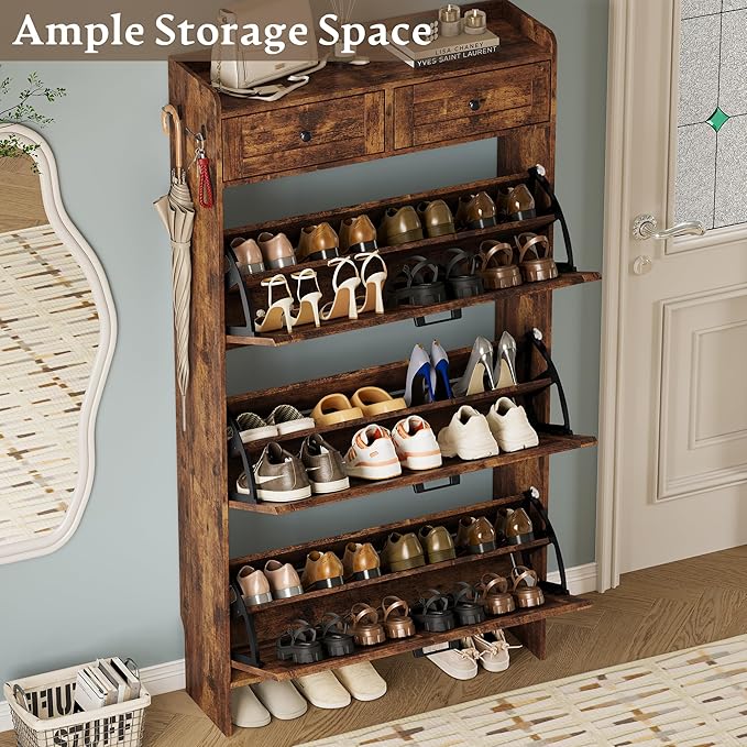 Shoe Storage Cabinet for Entryway, Farmhouse Narrow Shoe Cabinet with 3 Flip Drawers & 2 Top Drawers, Adjustable Shelves & Hooks, Freestanding Hidden Rack Organizer for Hallway, Foyer