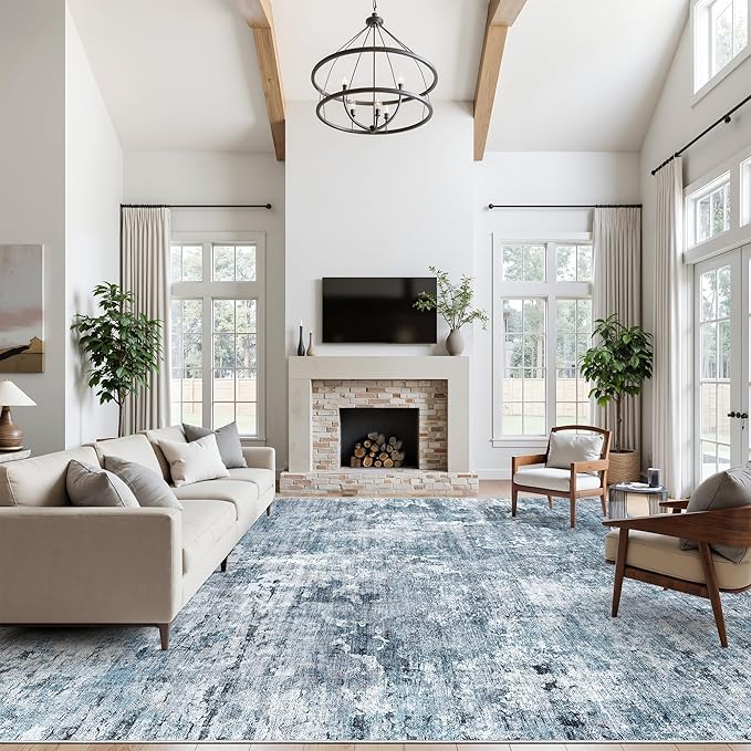 10x14 Area Rugs for Living Room, Non Slip Machine Washable Vintage Rugs, Low Pile Lightweight Large Rug for Bedroom, Dining Room, Home Office Blue