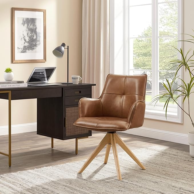 Art Leon Mid Century Swivel Chair - Genuine Leather Upholstered Desk Chair No Wheels, Accent Armchair with Oak Wood Legs for Small Space Living Room Bedroom, Set of 2, Brown