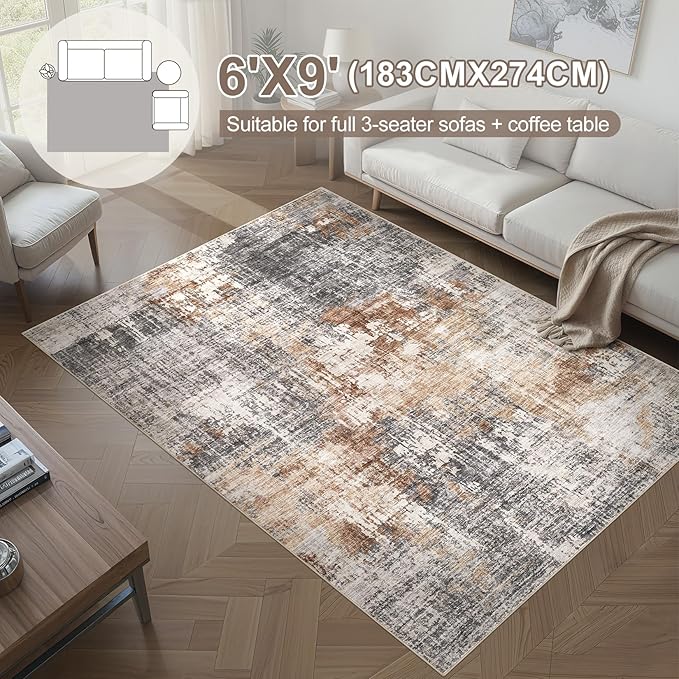 Area Rug Living Room Rugs - 6x9 Washable Large Soft Indoor Neutral Modern Abstract Low Pile Rug Carpet for Bedroom Dining Room Farmhouse Home Office - Grey Brown