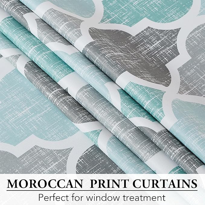 Beauoop 100% Blackout Curtains 96 Inches Long for Patio Sliding Door Aqua Grey Extra Wide Moroccan Geo Room Darkening Thermal Soundproof Room Divider Grommet Window Treatment Drapes,100x96 Set of 1