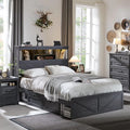 ACCOHOHO Farmhouse Full Size Bed Frame with 52" Tall Storage Headboard and LED Light,Wood Platform Bed Frame with 4 Drawers and Charging Station,Solid Wood Slats Support,No Box Spring Needed,Black