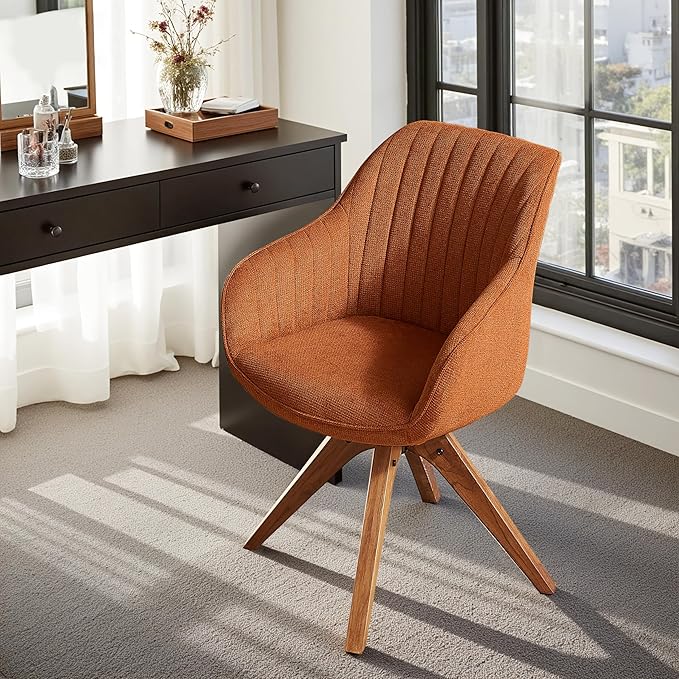 Zouron Mid Century Modern Accent Chair with Oak Wood Legs, Upholstered Swivel Chair No Wheels, Side Accent Armchair Vanity Chair for Small Space Home Office Living Room Bedroom, Caramel