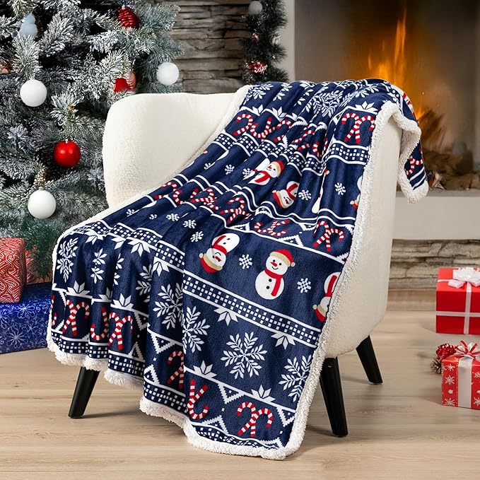 PAVILIA Premium Christmas Sherpa Throw Blanket | Christmas Decoration Gift, Fleece, Plush, Warm, Cozy Reversible Microfiber Holiday Blanket | Blue Christmas - 50x60