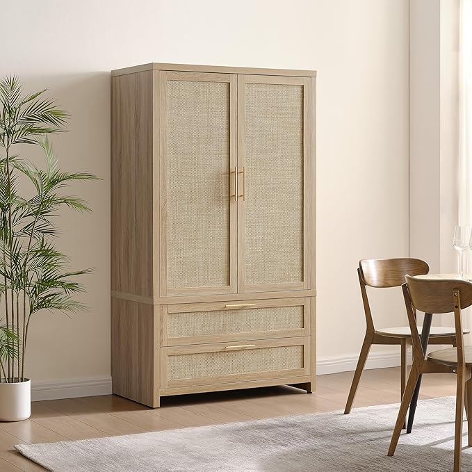 SICOTAS Rattan Armoire Wardrobe Closet Cabinet, 71" Wardrobe Storage Cabinet with 2 Drawers, and Hanging Rod, Boho Large-Capacity Deep Armoire Clothes Organizer for Bedroom, Cloak Room, Light Oak