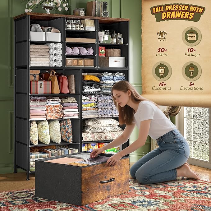 57“H Dresser for Bedroom with Multiple Drawers, Fabric Dressers & Chests of Drawers for Bedroom,Large Dresser, Sturdy Metal Frame & Wood Top,Entryway, Hallway(Rustic Brown)