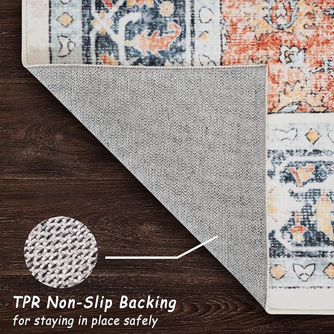 vivorug 8x10 Area Rugs for Living Room, Non-Slip Backing Washable Rug 8x10, Large Area Rug Soft Carpet for Bedroom Dining Room, Vintage, Easy Clean, Durable, Low Pile Rug Orange/Navy