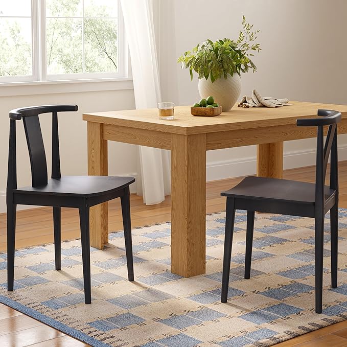 Wood Dining Room Chairs Set of 2, Mid Century Modern Kitchen Chairs Wishbone Chair with Curved Back Armless Accent Chair for Living Room Restaurant, Black